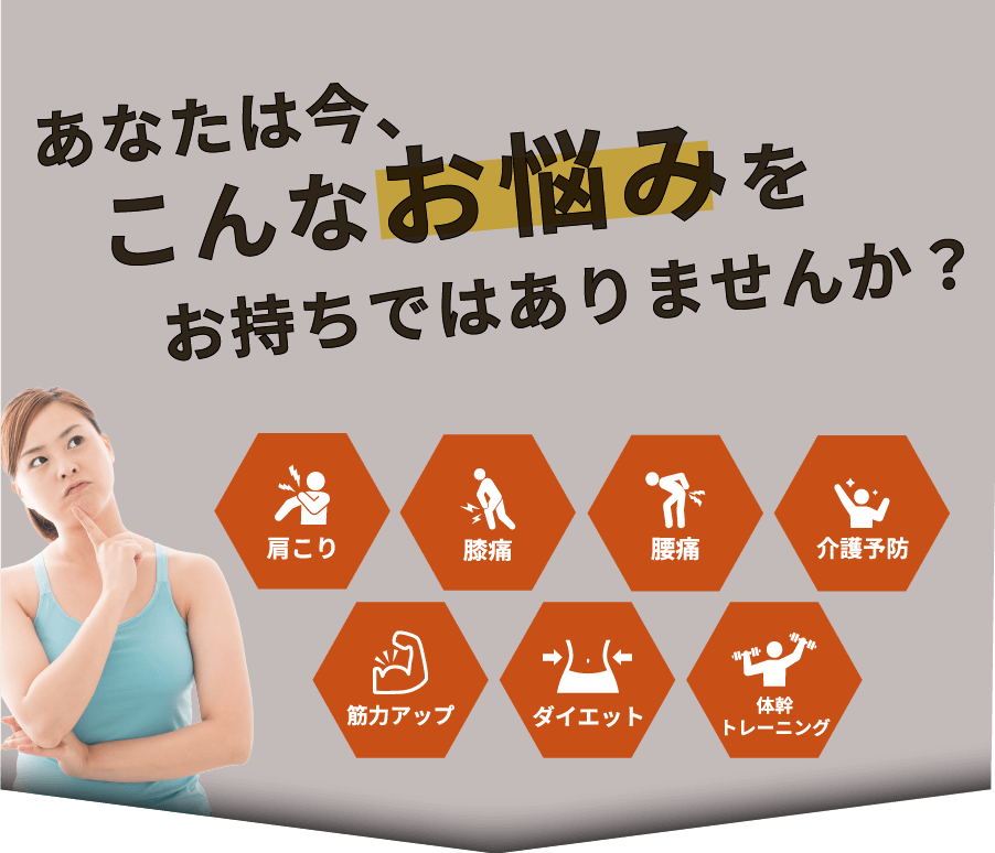 あなたは今、こんなお悩みをお持ちではありませんか？肩こり、膝痛、腰痛、介護予防、筋力アップ、ダイエット、体幹トレーニング
